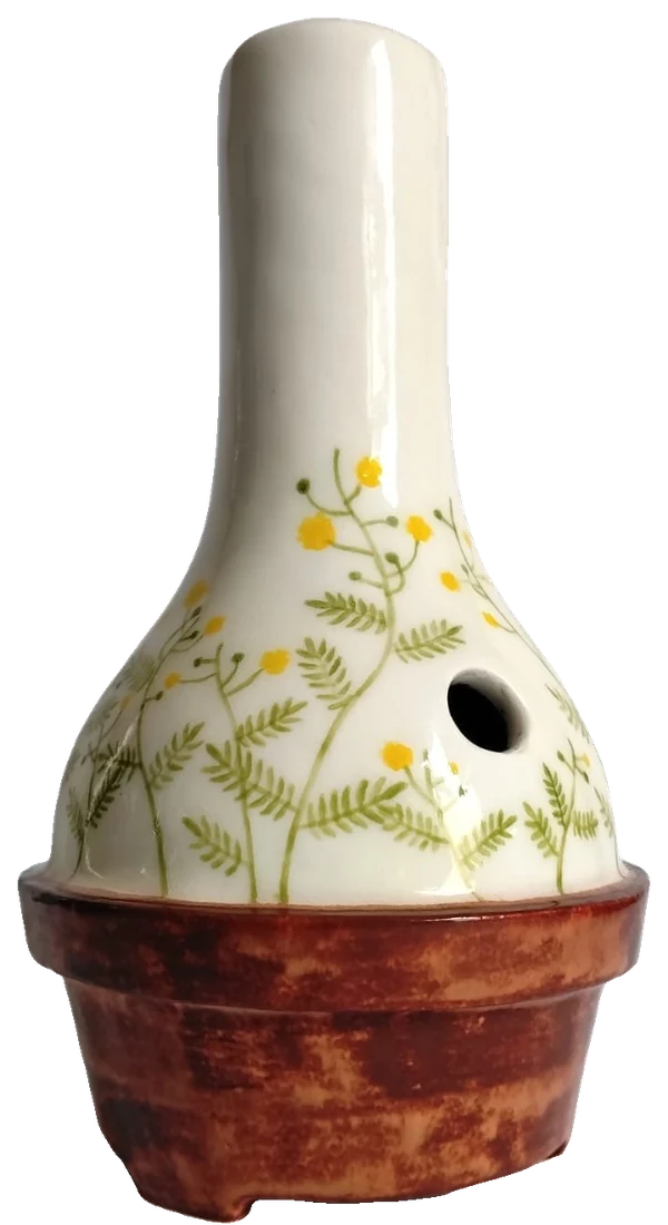 No. 01, Vachellia: a porcelain body painted with golden pompom blooms and feathered leaves, set in a terracotta-glazed pot