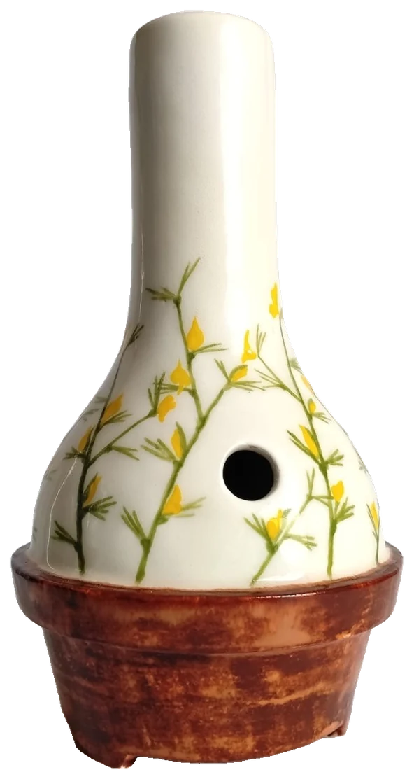 No. 02, Rooibos: a porcelain body painted with fine branches and yellow flowers, set in a terracotta-glazed pot